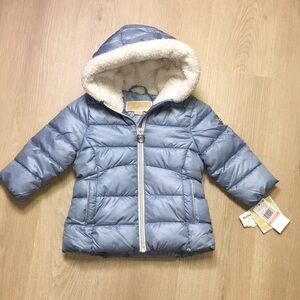 NWT Michael Michael Kors Blue Hooded Puffer Jacket w/ White Sherpa Lining 2T